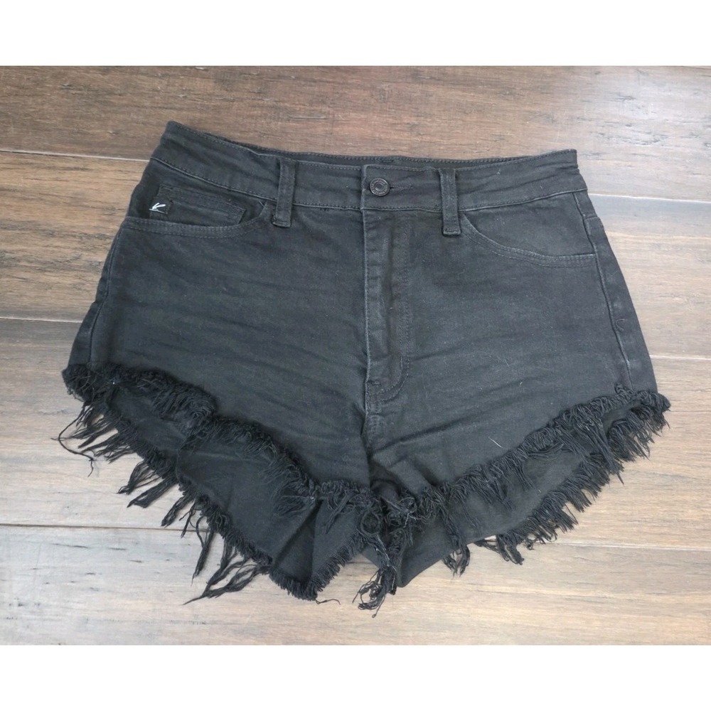 Kancan High Rise Jean Shorts Size Large/ 28 Black Denim Festival Cut Off Frayed
